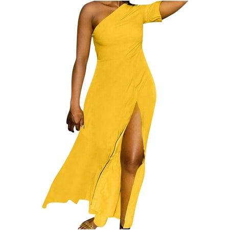 Efsteb Bodycon Dresses for Women Single Shoulder Pleated Dresses Slim Bag Hip Trendy Formal Cocktail Party Solid Color Dress Short Sleeve Dress Split Long Dress Clearance Yellow L