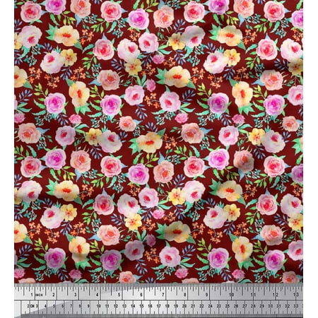 Soimoi Red Poly Georgette Fabric Leaves & Floral Watercolor Printed Fabric 1 Yard 42 Inch Wide