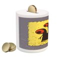 thumbnail image 2 of Abstract Piggy Bank, Trippy Creature Heads and Large Eyes on Yellow Stamp Illustration, Ceramic Coin Bank Money Box for Cash Saving, 3.6" X 3.2", Warm Taupe Yellow, by Ambesonne, 2 of 4