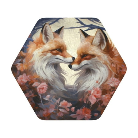 

Coaee Romantic Flower Fox Print Leather Coasters Set of 6 Non-Slip Washable Cup Coasters for Home Office Bar Hexagon