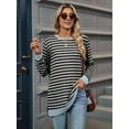 thumbnail image 3 of Womens Casual Striped Long Sleeve Shirt Trendy Crew Neck Slim Loose Fit Basic Blouses Tops Light Gray Black XL, 3 of 8