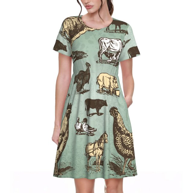 Disketp Vintage Farm Animals para Vestido de Manga Corta para Mujeres, Vestidos de Verano para Mujeres, Casual y Holgado para la Playa