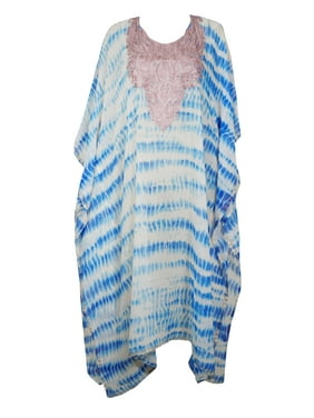 Mogul Women Blue Tie Dye Maxi Kaftan Dress Floral Embroidery Design Neck Sheer Cover Up Resort Wear Caftan 4X