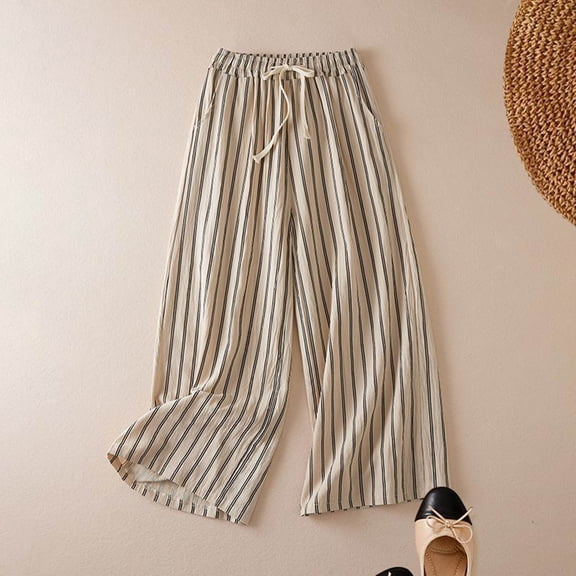 Women's Striped Cotton Linen Pants, Wide Leg Cropped Trousers with Tie Waist, Elastic Cuff Boho Casual Pants for Women, Loose Fit Summer Palazzo Pants Beige L