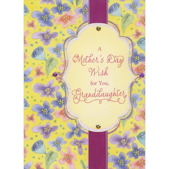 Designer Greetings Mother's Day Wish 3D Die Cut Banner, Sequins and Ribbon Over Flowers on Yellow Hand Decorated Mother's Day Card for Granddaughter