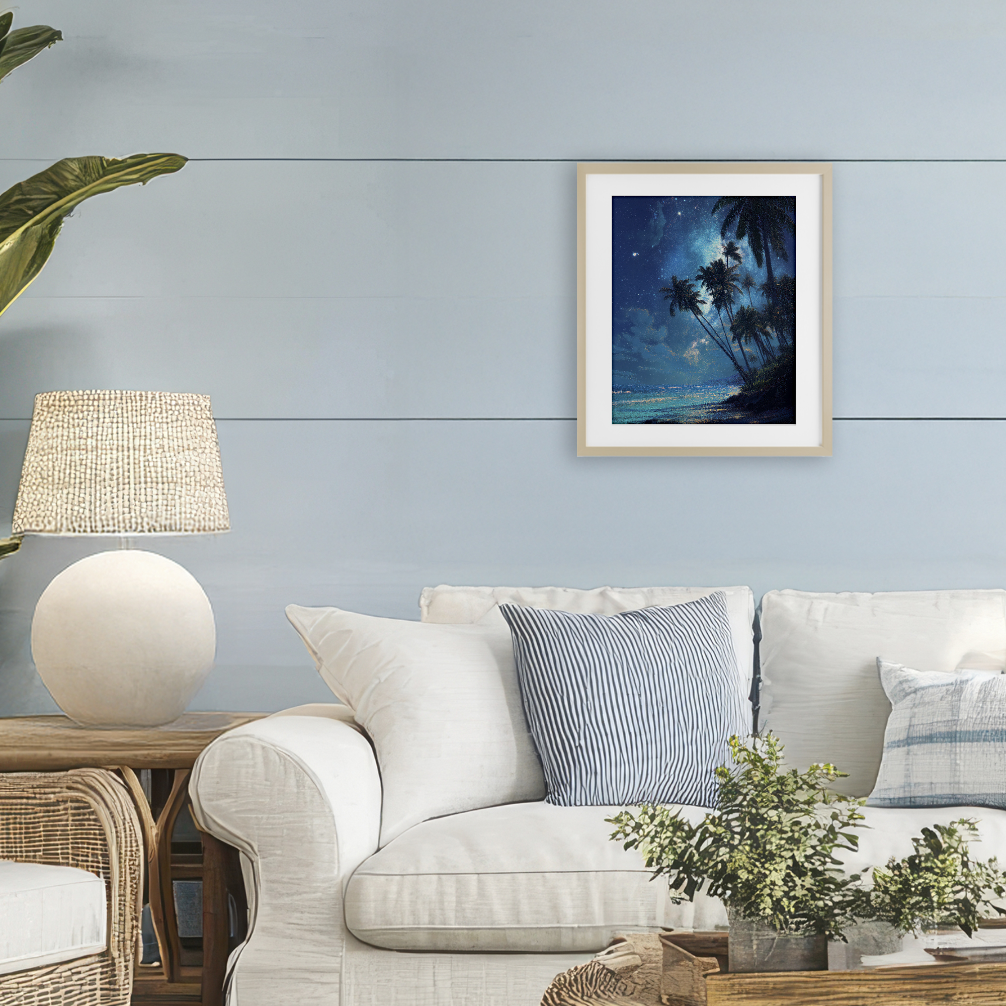 Moonlit Beach Palm Trees Birch Framed Print Under Glass, design by Ziwei Li