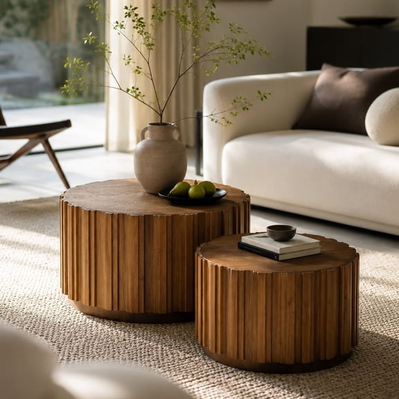 Leumius Round Nesting Coffee Table Set of 2, Wood Accent Tables with Vertical Slatted Body, Rustic Farmhouse Side Tables for Living Room Walnut