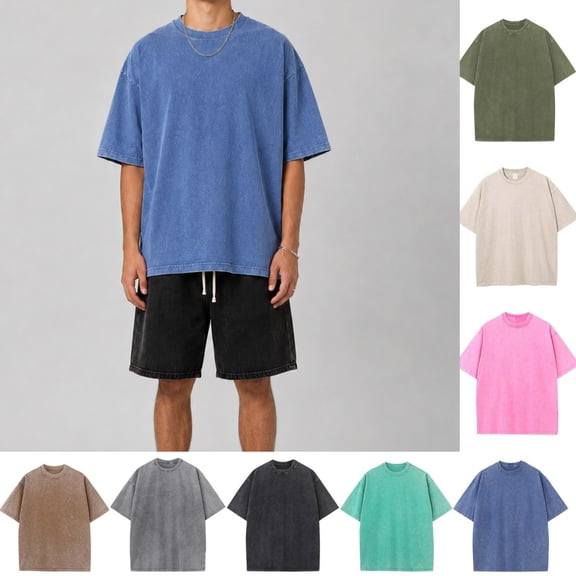LEKWK Mens Vintage T-Shirt Crewneck Short Sleeve Casual Tops Washed Oversized Soft Cotton Feel Casual Shirt Streetwear Workout Travel Summer Everyday Tees Blue XXL