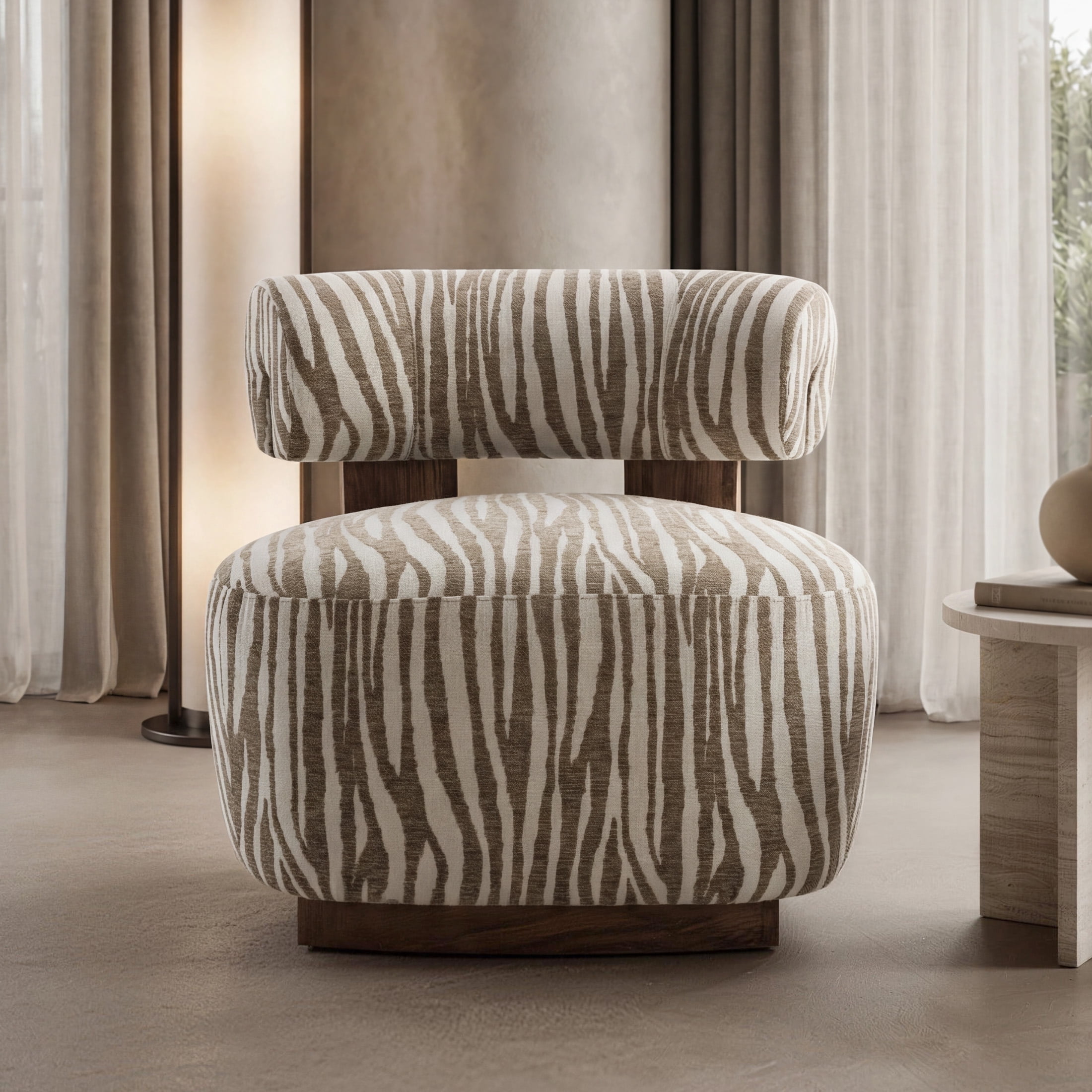 Aukfa Modern Chenille Accent Chair with Zebra-Stripe, Cylindrical Backrest for Living Room, Beige
