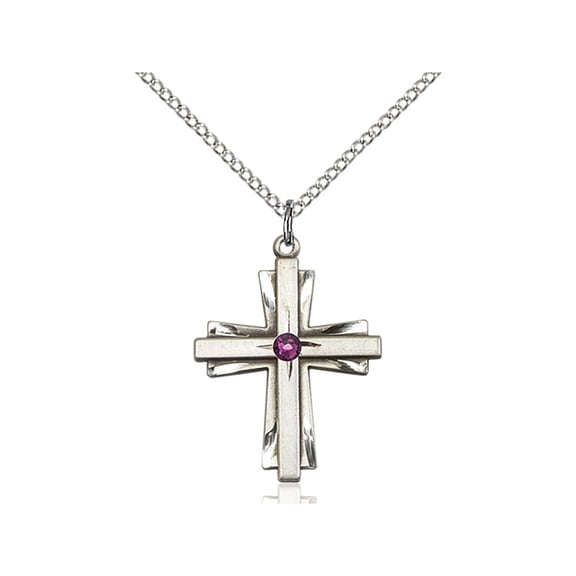 Sterling Silver Cross Pendant w/ 3mm February Purple Swarovski Crystal 1 X 3/4 inches w/ 18 inch Sterling Silver Curb Chain