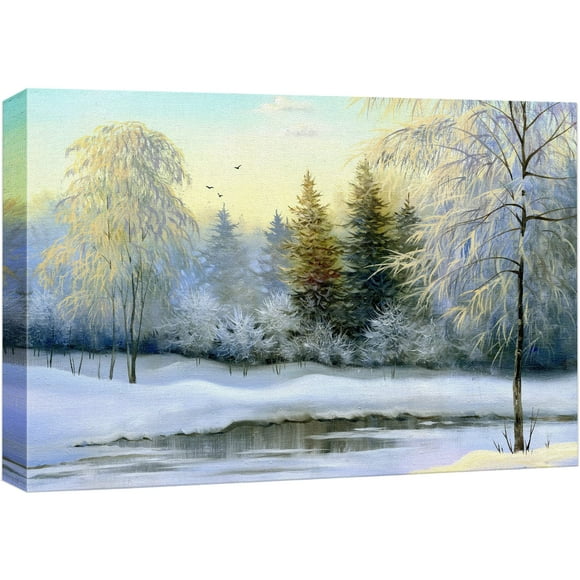 wall26 Impression sur Toile Art Mural Paysage Forestier d'Hiver avec Lac Gelé Nature Nature Sauvage Illustrations Art Moderne Rustique Coloré Multicolore pour Salon, Chambre, Bureau - 16"x24 Pouces