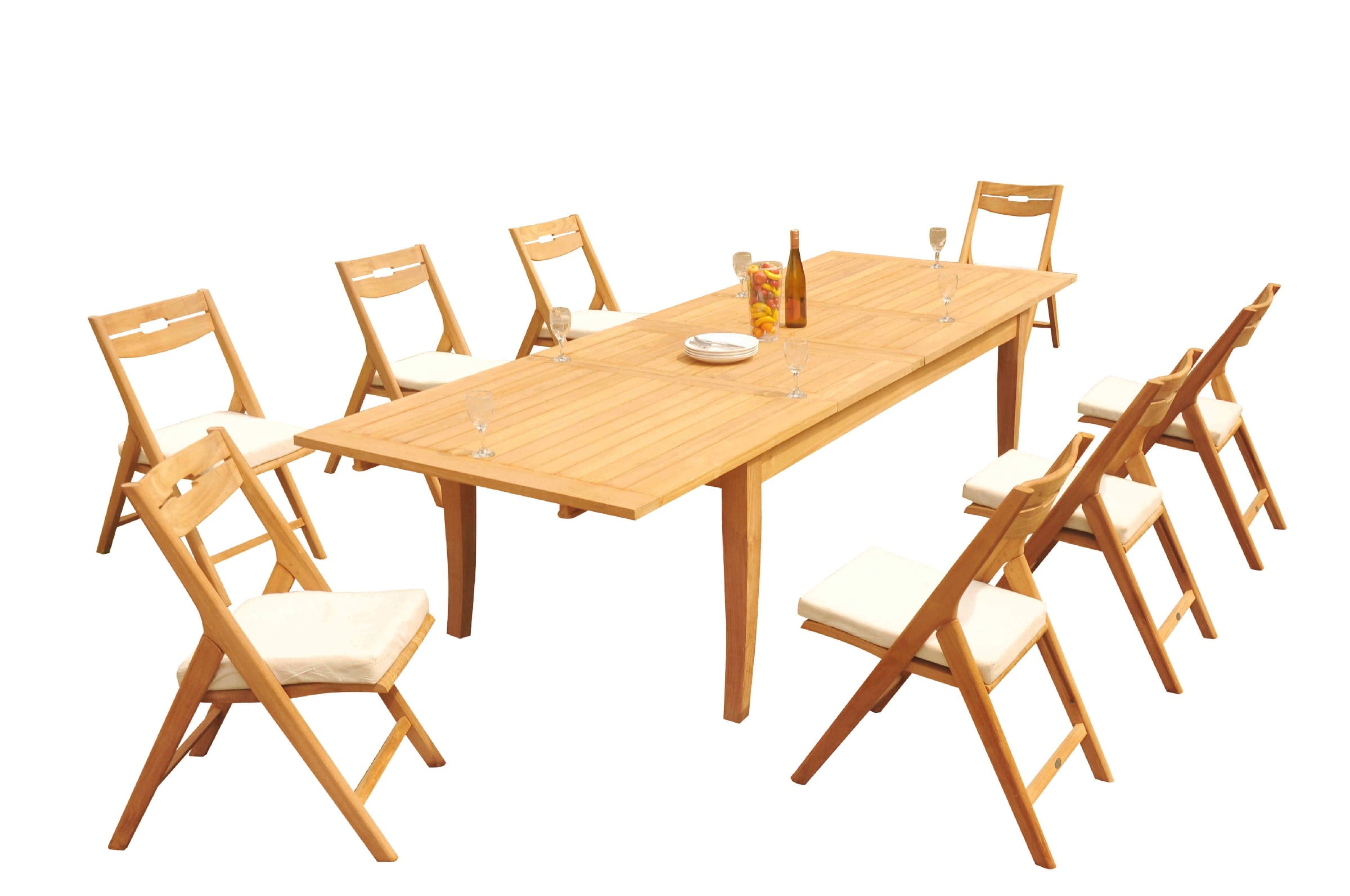 Natural Teak Rectangular Outdoor Dining Set with 8 Folding Chairs