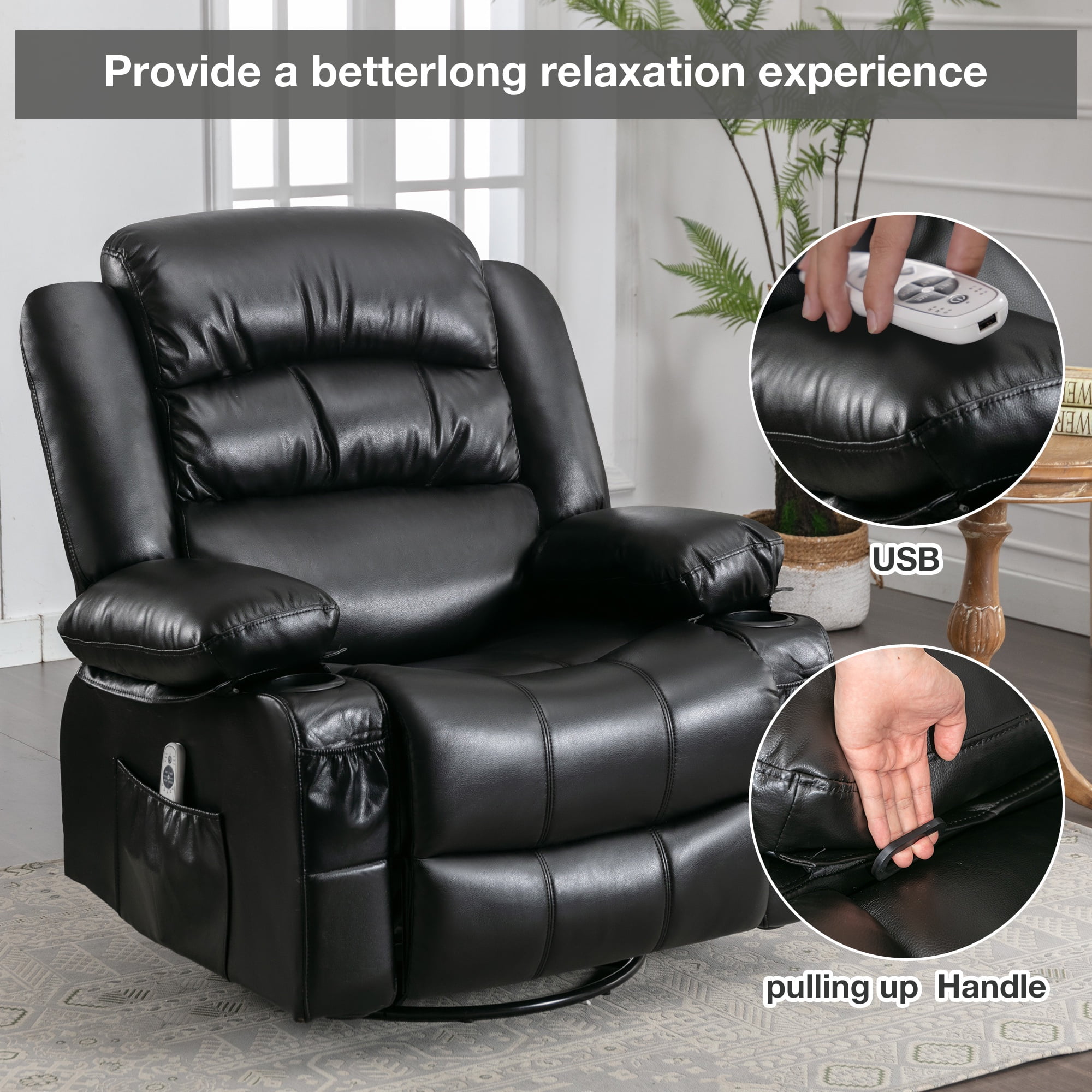 Manual Rocker Recliners, 360° Swivel Recliner Chair for Living Room, PU Leather Swivel Rocker Recliner with Massage and Heat, Home Theater Rocking Recliner with Cup Holder, Black