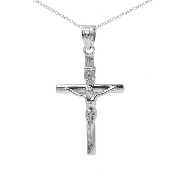 14k White Gold INRI Cross Pendant Necklace with 18