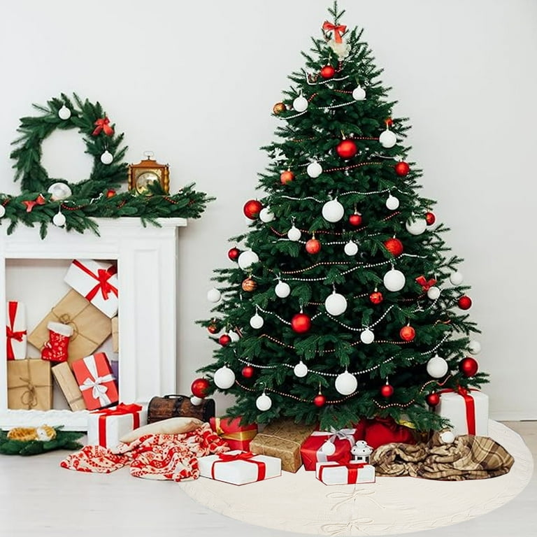 White Knitted Christmas Tree Skirt, 48 In White Cable Knit Christmas Tree Mat Rustic Farmhouse Home Decorations Xmas Holiday Party Decor