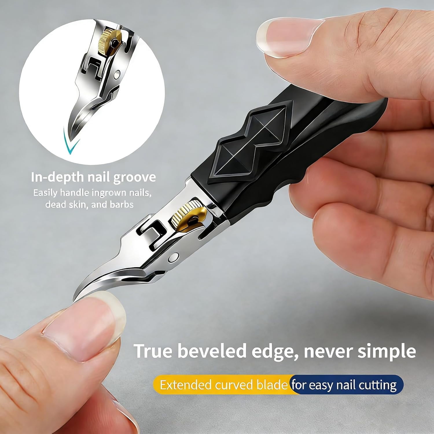 Black Anti-Slip Grip Gear Lock Nail Clipper Set | Professional Toenail Clippers for Men & Seniors with Precision-Cut Curved Tips & Groove Access Design