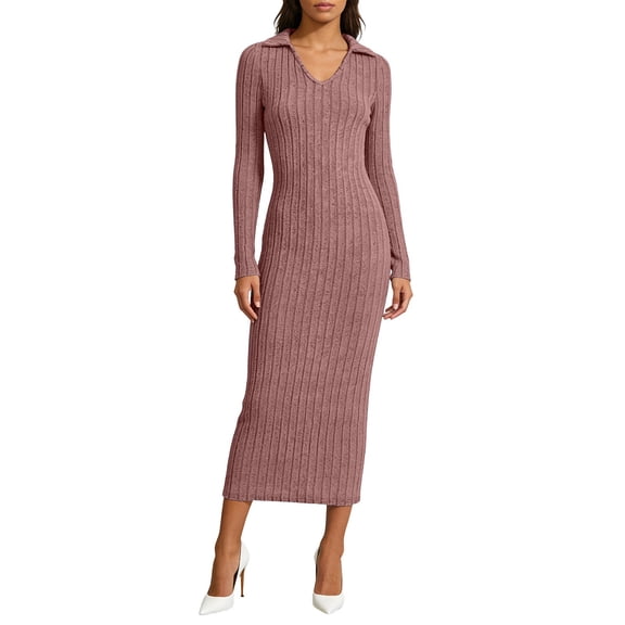 QHFBli Womens Ribbed Knit Sweater Dress Casual Long Sleeve V Neck Bodycon Pleated A Line Long Dress Streetwear