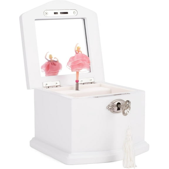 White Wooden Ballerina Music Box - Dance of the Sugar Plum Fairy - White Velvet Interior