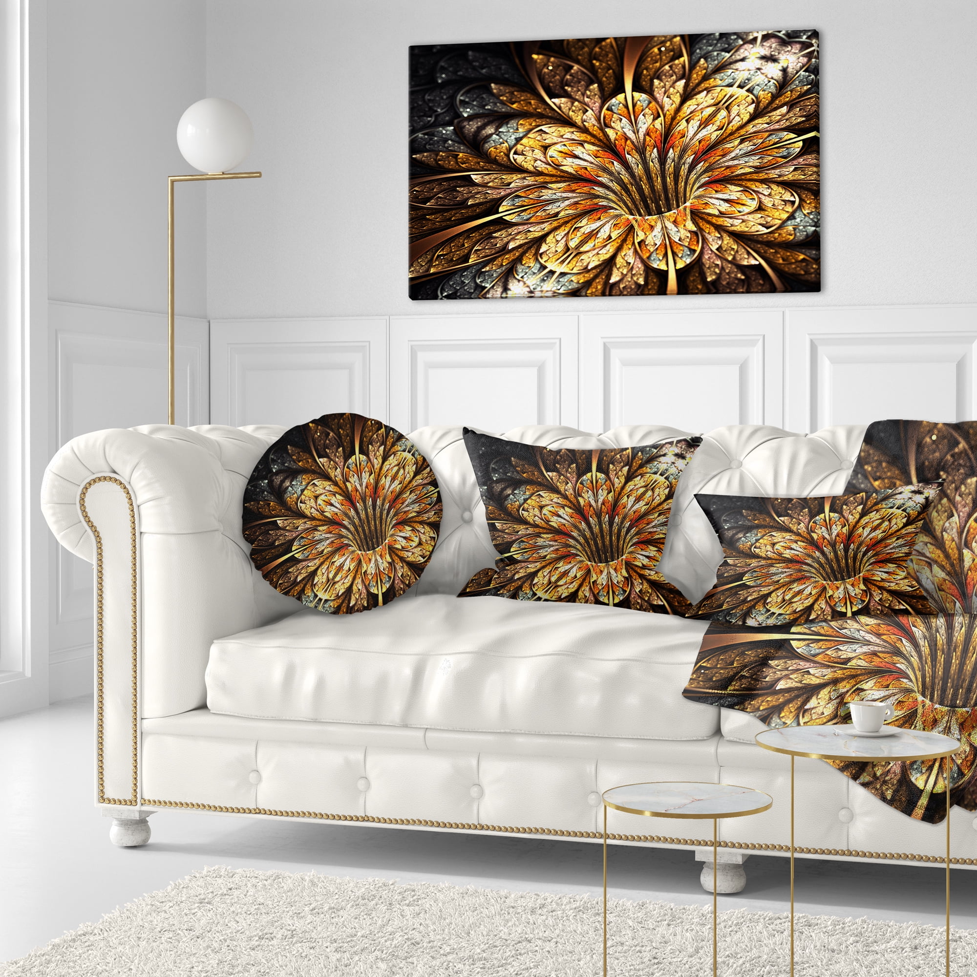 Designart Golden Shiny Fractal Flower - Floral Throw Pillow - 12x20
