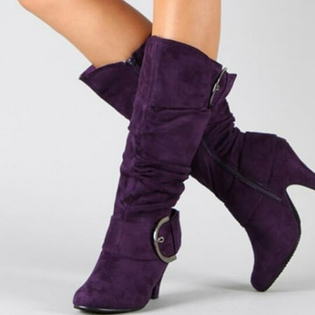 

Tejiojio Fall Clearance Women s Winter Warm High Heel Straight Leather Belt Buckle Suede Thick Heel Knight Boots