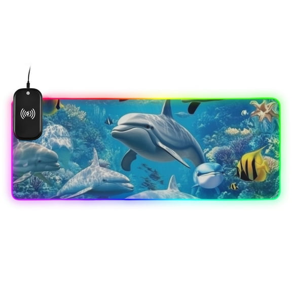 Dolphins in The Sea Wireless Charging RGB Gaming Mouse Pad Large Keyboard Mat Rubber Base 13 Light Modes