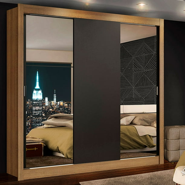 Ropero Closet Madesa Mônaco 3 Puertas Corredizas 2 con Espejos Marrón/Negro