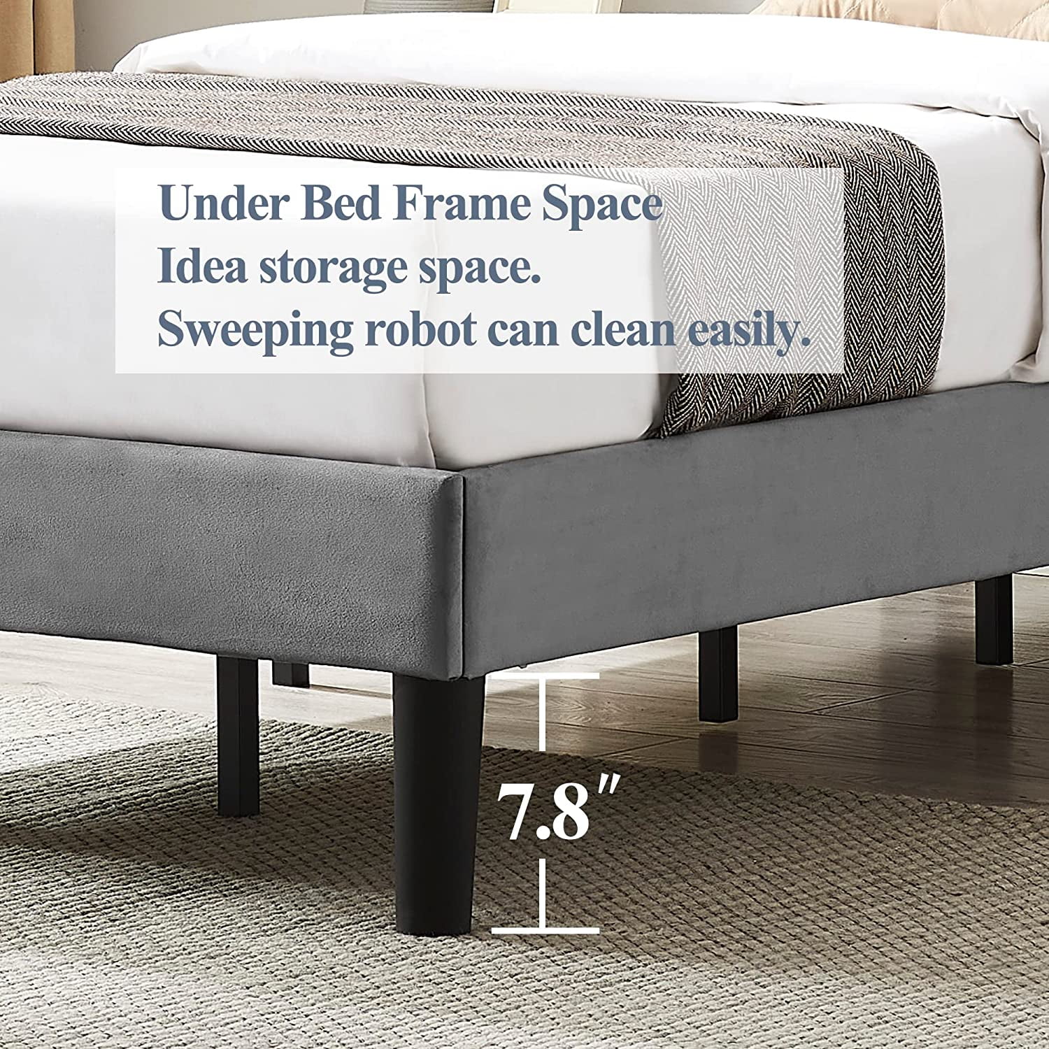 Katkuca Twin Bed Frame, Upholstered Queen Size Platform Bed Frame with Adjustable Headboard, Strong Wood Slat Support, No Box Spring Needed, Dark Gray