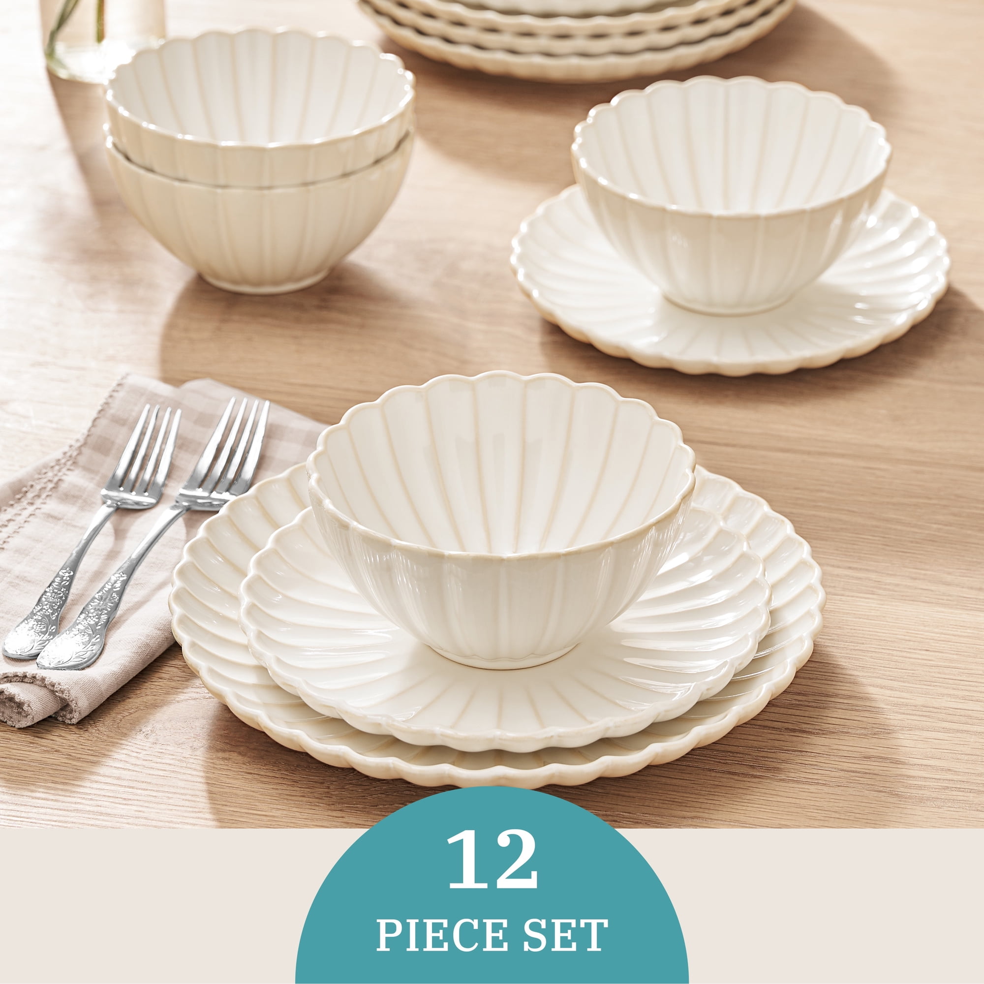 The Pioneer Woman Colette 12-Piece Stoneware Dinnerware Set, Cream
