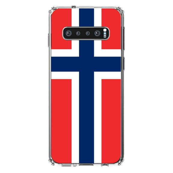 DistinctInk Clear Shockproof Hybrid Case for Samsung Galaxy S10 (6.1" Screen) - TPU Bumper, Acrylic Back, Tempered Glass Screen Protector - Norway Flag Red White Blue - Norway