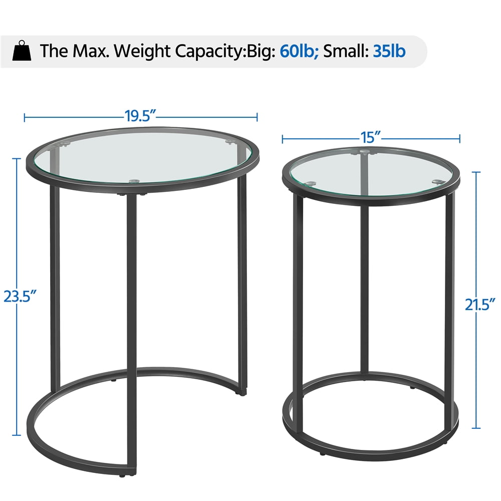 Topeakmart 2-Piece Round Nesting End Table Set with Metal Frame and Glass Top, Black