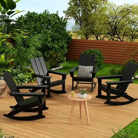 WestinTrends Ashore Patio Rocking Chairs Set of 4 All Weather Poly Lumber Plank Adirondack Rocker Chair Modern Farmhouse Black Rocking Chairs for Porch Garden Backyard and Indoor