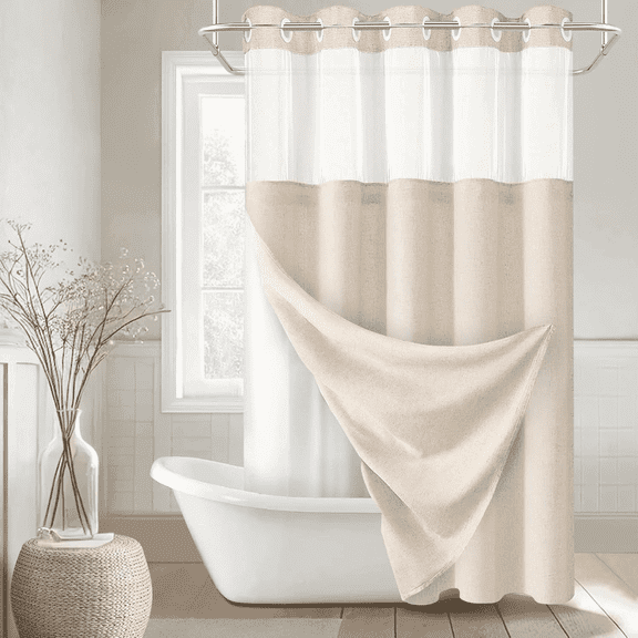 Psoiuetr Beige Linen Shower Curtain No Hook with Snap-in Fabric Liner Hotel Shower Curtain with See Through Top Window 72" W x 75" L
