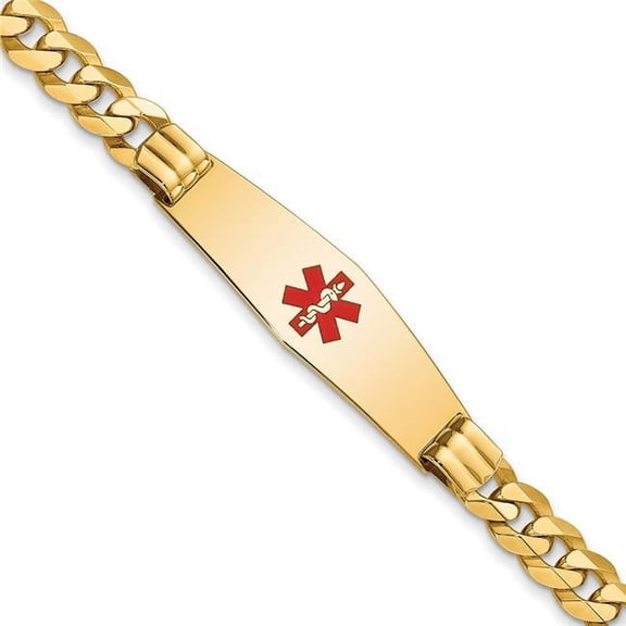 Primal Gold 14 Karat Yellow Gold Medical Soft Diamond Shape Red Enamel Flat Curb Link ID Bracelet