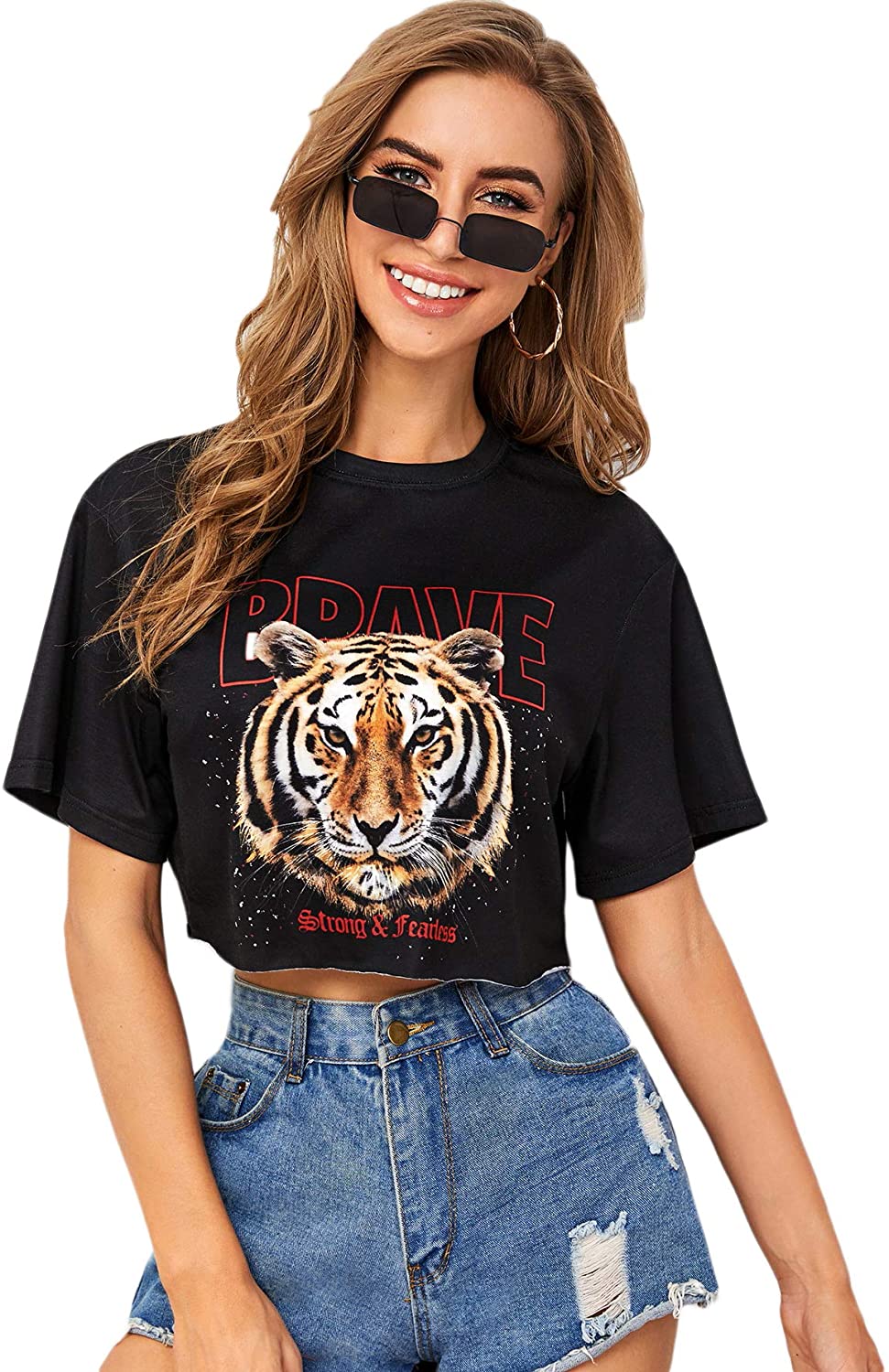 Short Sleeve Cute Graphic Print Crop 