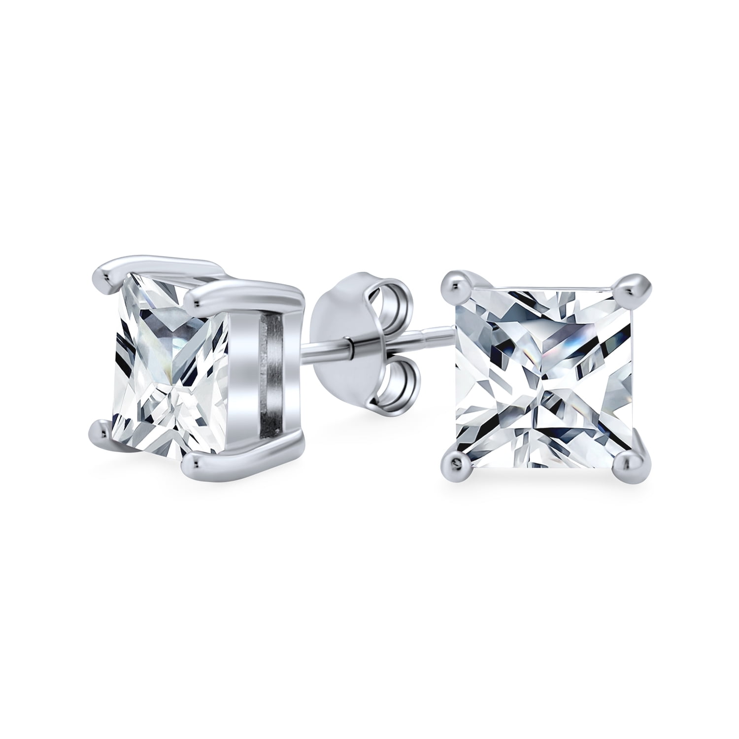Princess-cut Sterling Silver Diamond Screw Back Stud Earrings Size 10mm 