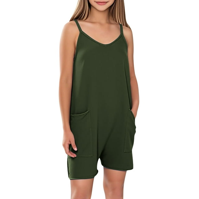 Swstbby Soldes d'Été! Combinaisons d'Été pour Filles, Combishort Décontracté Sans Manches avec Poches Vert Armée 11-12 Ans