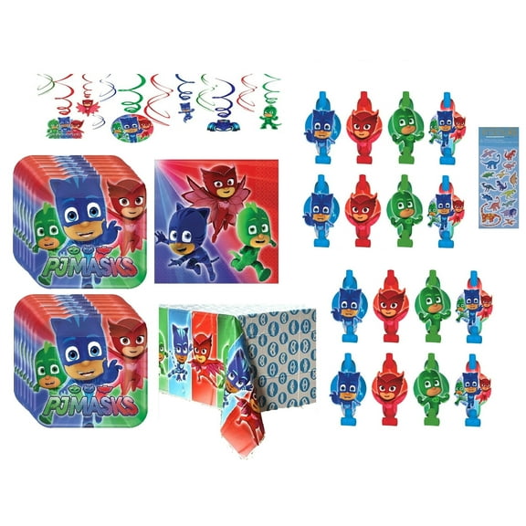 PJ Masks Birthday Party Supplies Bundle includes 16 Plates 7", 16 Napkins, 1 Table Cover, 12 Piece Swirl Decorations with Cutouts, 16 Blowouts, 1 Dinosaur Sticker Sheet