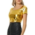 thumbnail image 4 of INSPIRE CHIC Metallic Crop Top for Women's Square Neck Short Sleeve Shiny Tops L Gold, 4 of 6