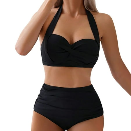 WERYOUNG Women 2PCS Vintage Swimsuit Retro Ruched High Waist Bikini With Bottom Summer Tropical Brazilian Vacation Swimwear Beachwear Soft Black S