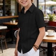 thumbnail image 6 of MGDXOX Kids Short Sleeve Cotton Linen Collar Button Down Shirt With Lace Trim Breathable Fabric Spring Summer Casual Party Wear Black 14 years, 6 of 9