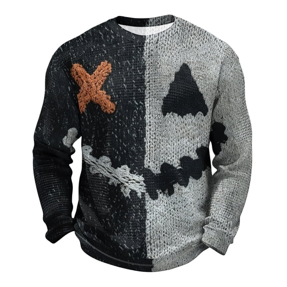 Fabrcox S-5XL Halloween Shirt for Men Spooky Pumpkin Face Patchwork Mens Crewneck Sweatshirt Funny Fall Waffle Knit Big and Tall Pullover L