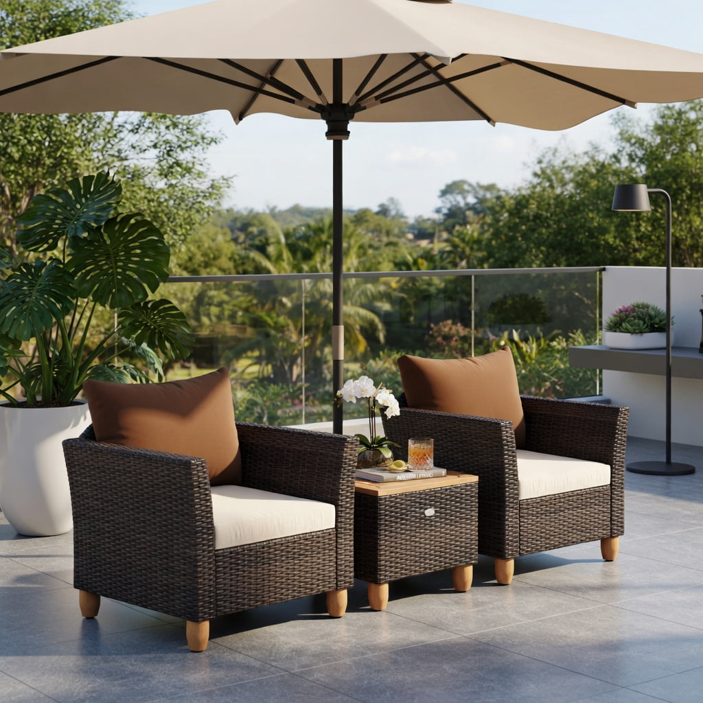 Hommoo 3-Piece Outdoor PE Wicker Patio Furniture Set with Acacia Wood Storage Coffee Table & Premium Cushions, Brown