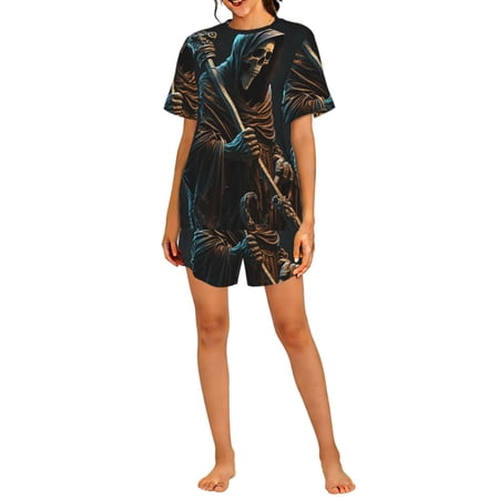 Pajamas Set Crew Neck Loungewear Sleepwear Short Sleeve Top Shorts Pj Sets Grim Reaper With Scyth Skull