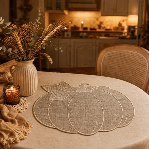 Pnmtdaia Rustic Linen Textured Embroidered Pumpkin Placemat, Fall Harvest Thanksgiving Table Mat for Kitchen Dining Table Halloween Farmhouse Home Decor, Retro Ash Gray