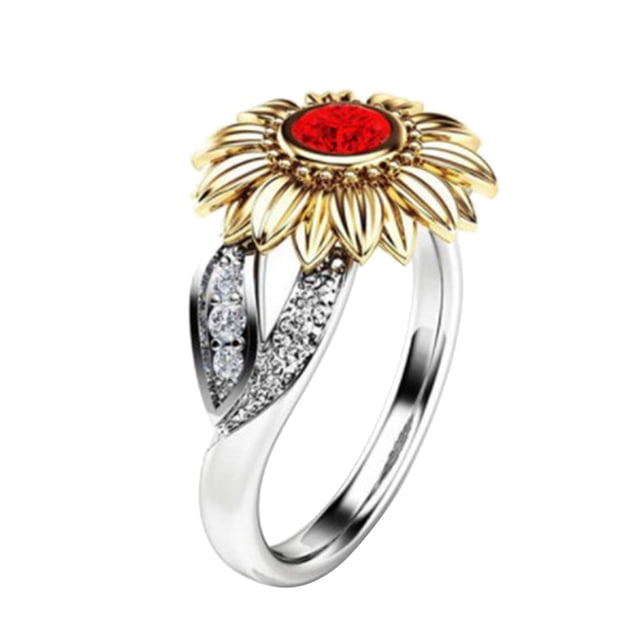 Exquisita joyería de girasol con anillo floral de oro plateado de dos tonos para mujer Wmkox8yii fajkfhkj1389