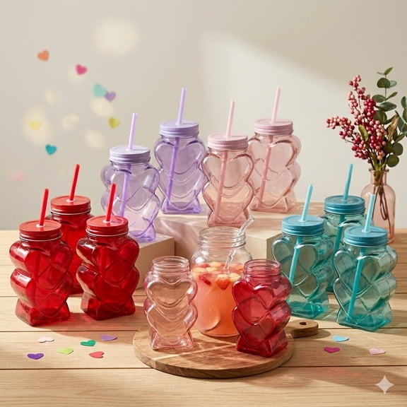 12 Vasos de Vidrio 3D con Tapa y Popote Diseño Corazones 500 ml