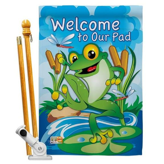 Breeze Decor BD-PT-HS-110041-IP-BO-D-IM11-BD 28 x 40 in. Vertical Frog Nature Pets Impressions Decorative Double Sided House Flag Set with Pole & Bracket Hardware