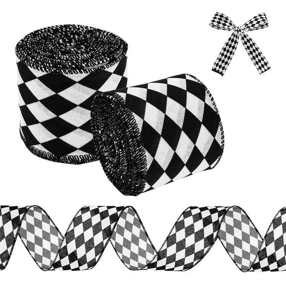 Wekvgz 2Rolls Black White Diamond Checkered Ribbon 2.6 Inch Wide Decorative Diamond Plaid Wired Ribbon 10 Yards Each for Wrapping Christmas Decoration