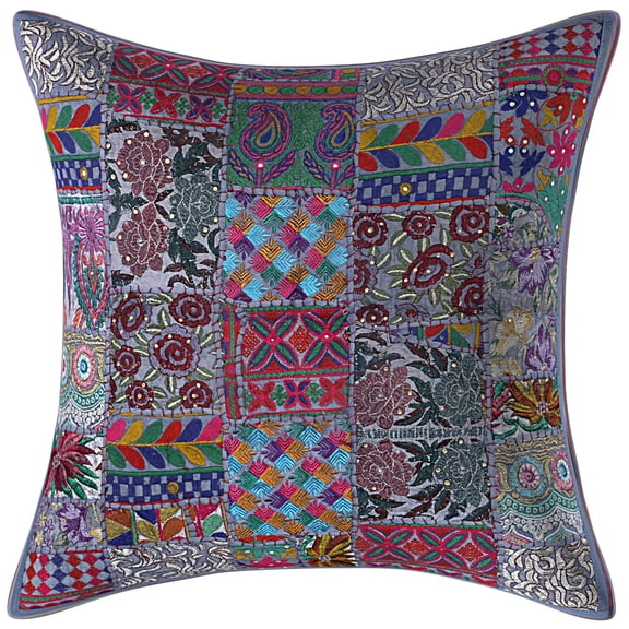 Stylo Culture Ethnic Couch Cotton Grey Large Throw Pillow Covers 24x24 Patchwork Vintage Sofa Ethnic Throw Pillows Abstract Floral 60x60 cm Decorative Cushion Covers (1 Pc)