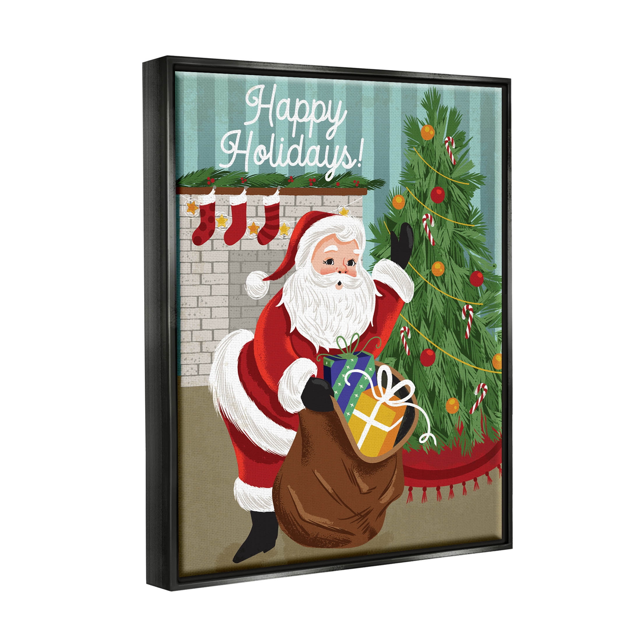 Happy Holidays Santa Gift Bag Holiday Graphic Art Jet Black Framed Art Print Wall Art